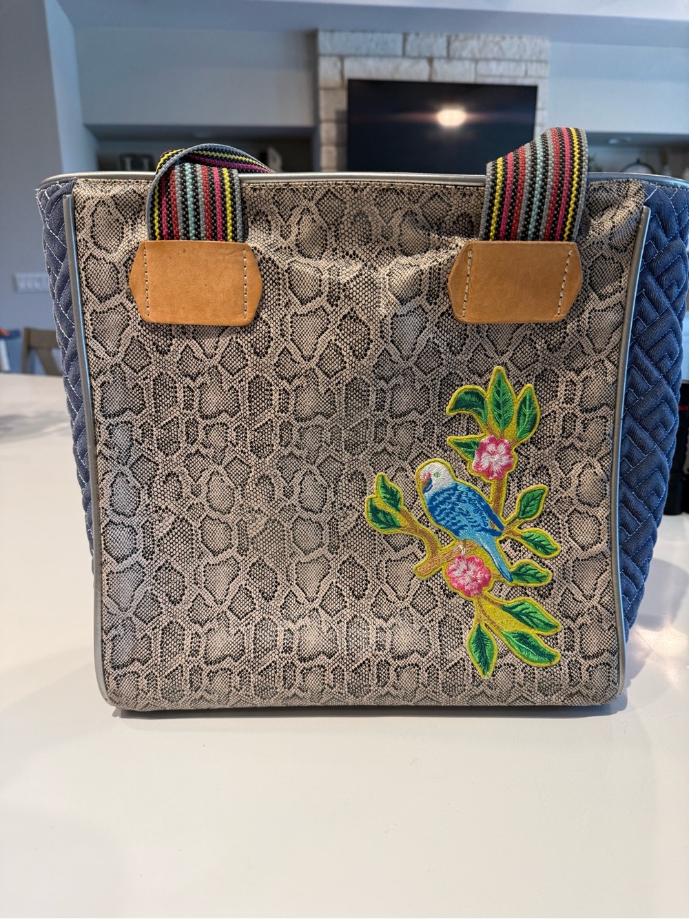 Women's Consuela Wynn Gray Snake-Print Tote with Blue Bird Embroidery